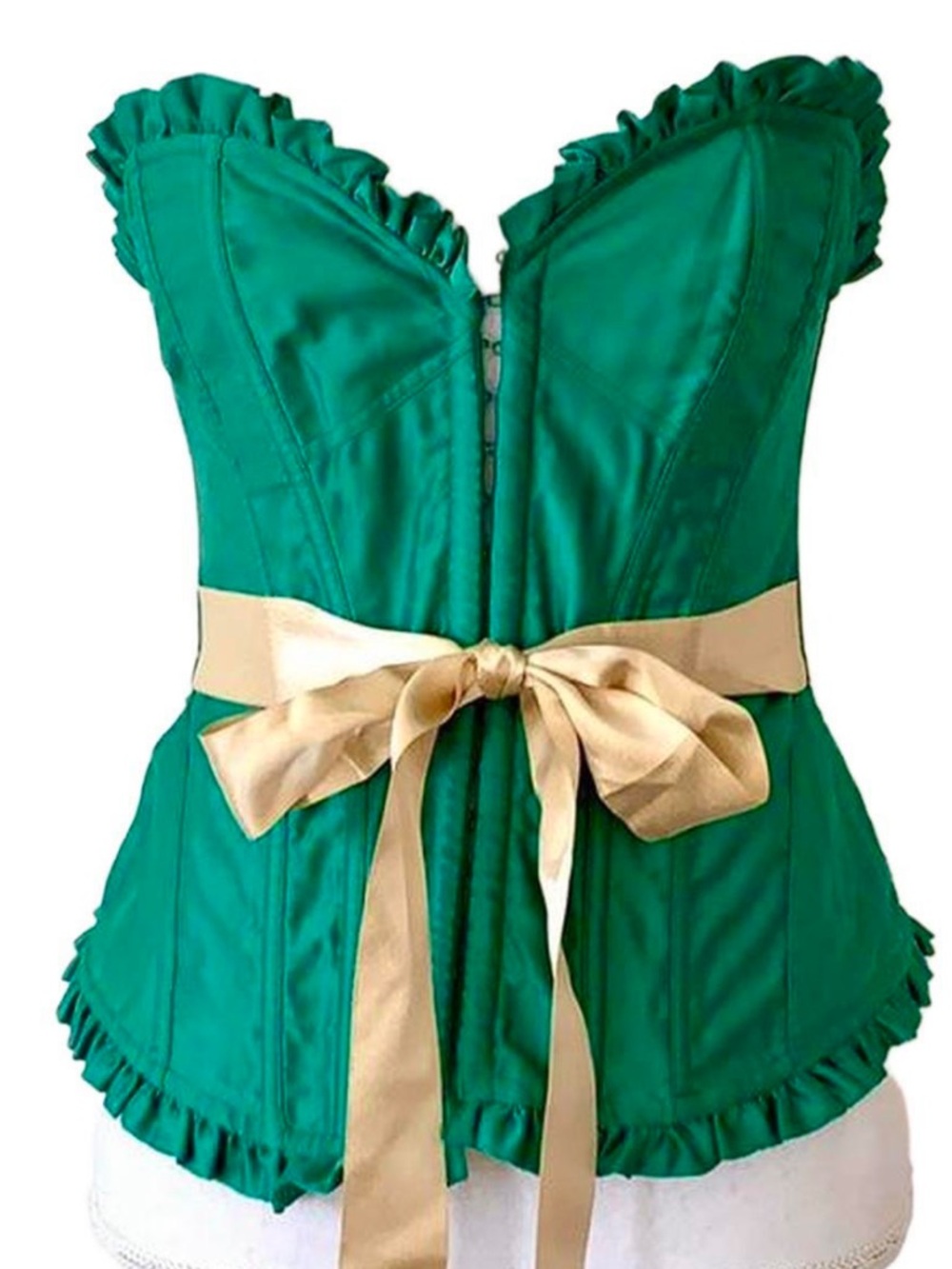 Victoria’s Secret Emerald Green corset ruffles boning metallic gold ribbon Med